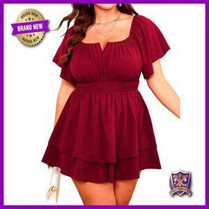 Plus Size Romper Dress Square Neck High Waist Ruffle Tiered Boho Short Jumpsuit